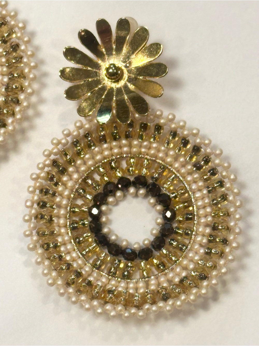 Gold Floral Beaded Statement Earrings Cream & Smoky Brown - Picture 2 of 6